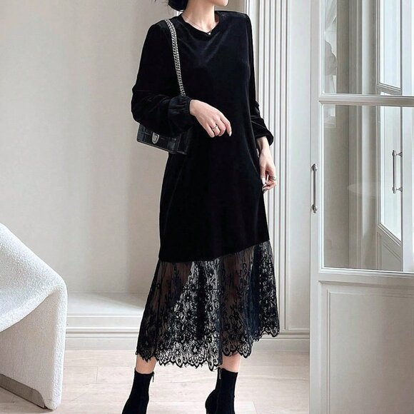 Black Elegant Women's Contrast Lace Hem Velvet Dress - Picture 1 of 7